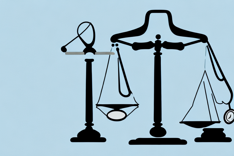 A balance scale with a stethoscope on one side and a gavel on the other