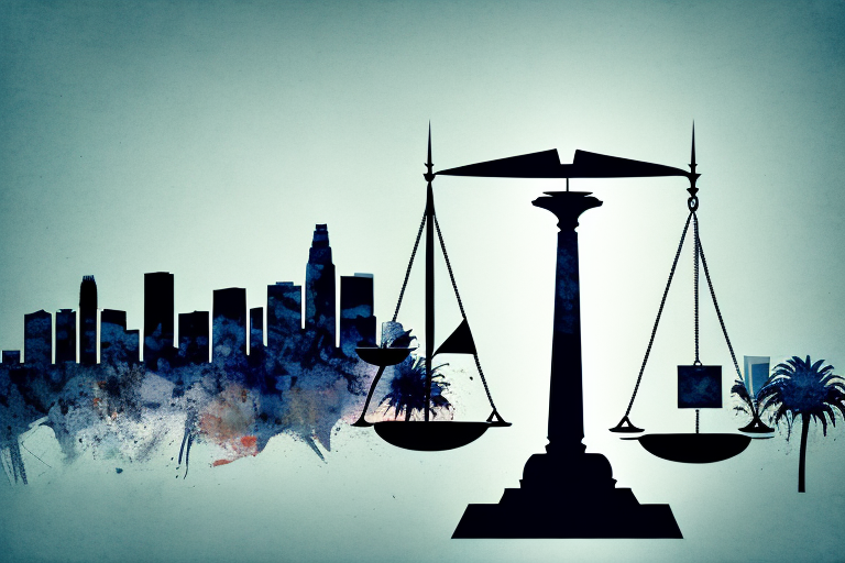 The los angeles skyline with a symbolic balance scale representing justice