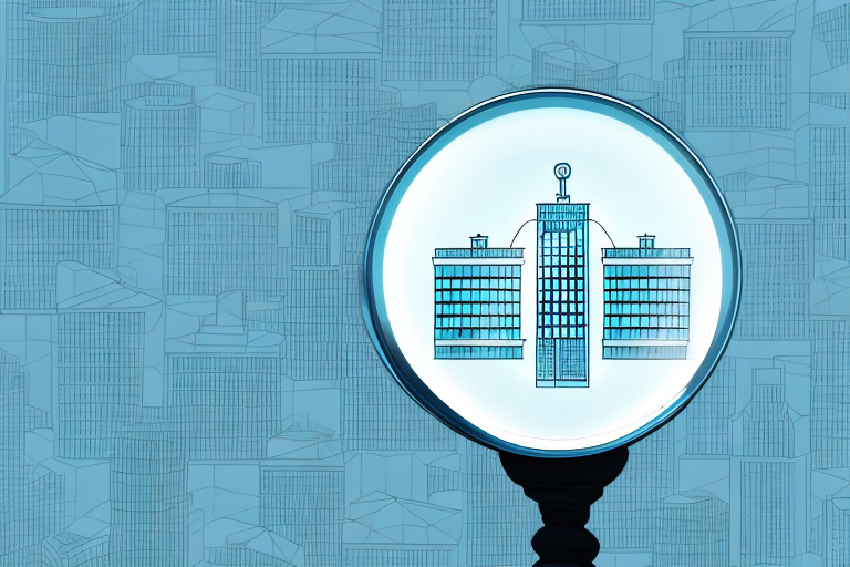 A magnifying glass hovering over a cityscape