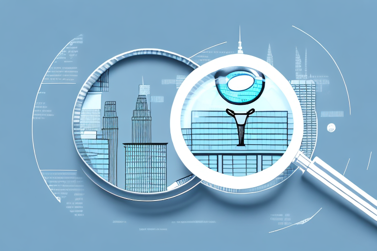 A magnifying glass hovering over a cityscape