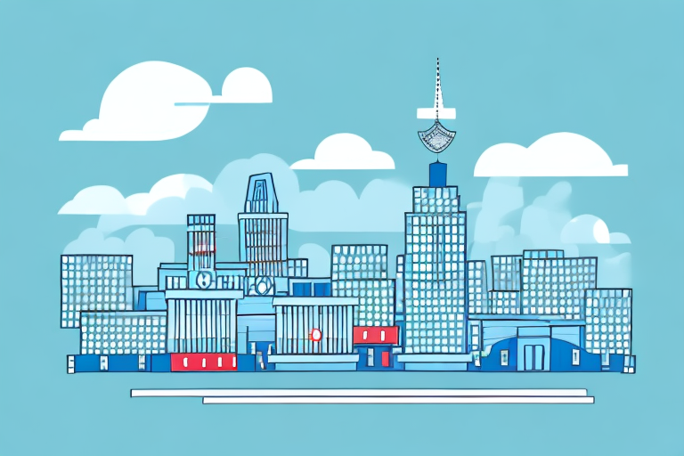 A justice scale in the foreground with a hospital building and a city skyline in the background
