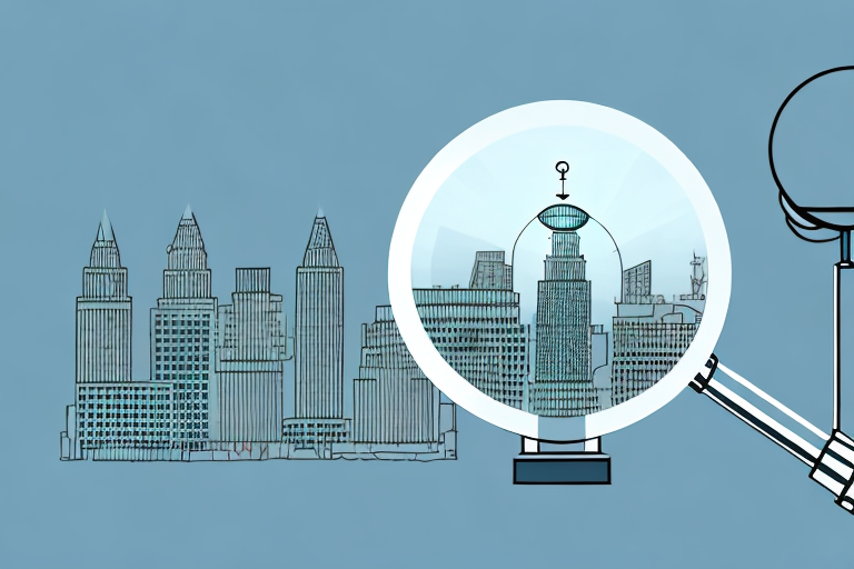 A magnifying glass hovering over a cityscape