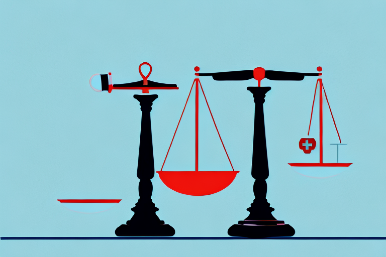 A balance scale where one side holds a medical symbol and the other side holds a gavel