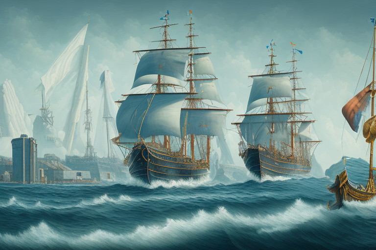 A detailed maritime scene with a prominent courthouse and a symbolic scale of justice