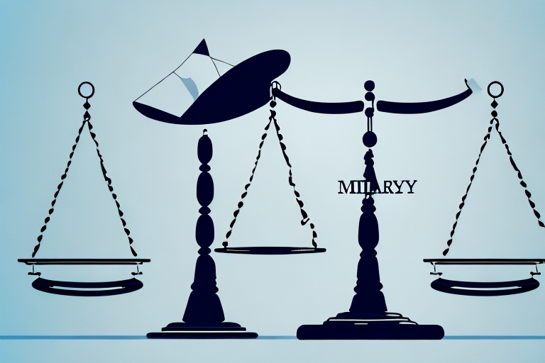 A balanced scale with a military cap on one side and a wedding ring on the other