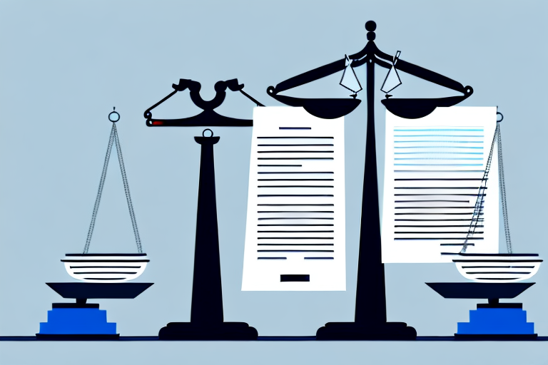 A balanced scale with legal documents on one side and a corporate building on the other
