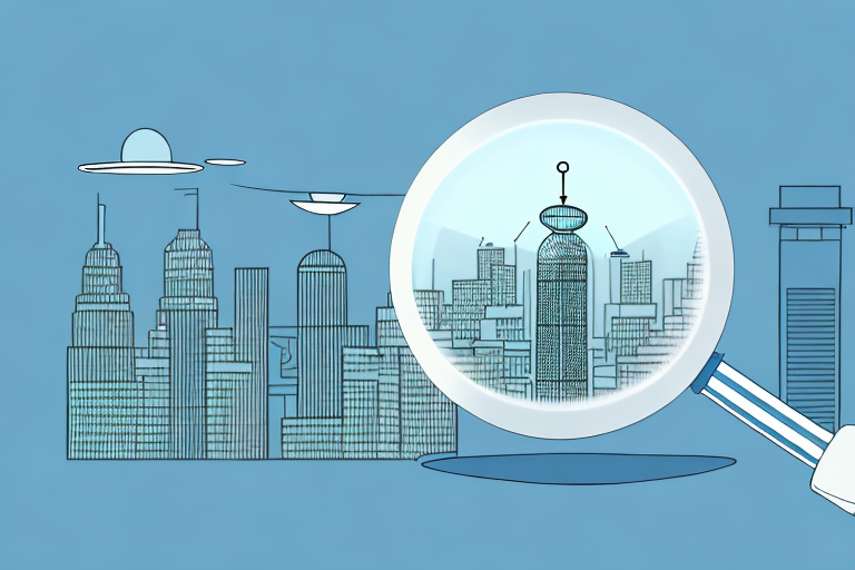 A magnifying glass hovering over a cityscape
