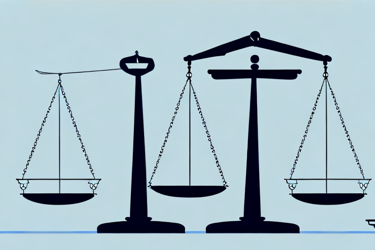 A balanced scale with a legal document on one side and corporate buildings on the other