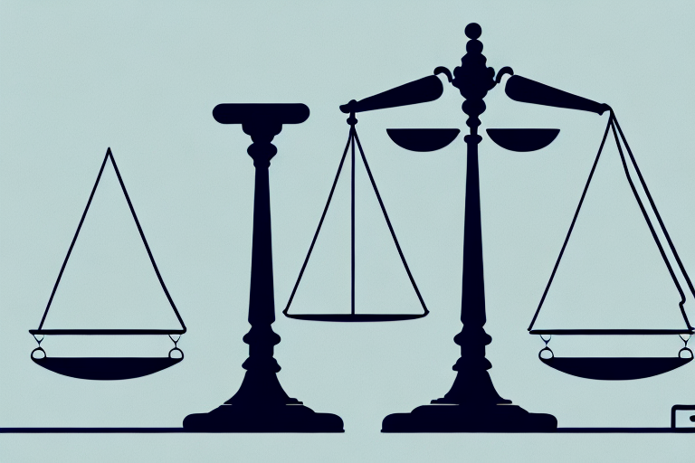 A balanced scale with legal documents on one side and a pin on a map on the other side