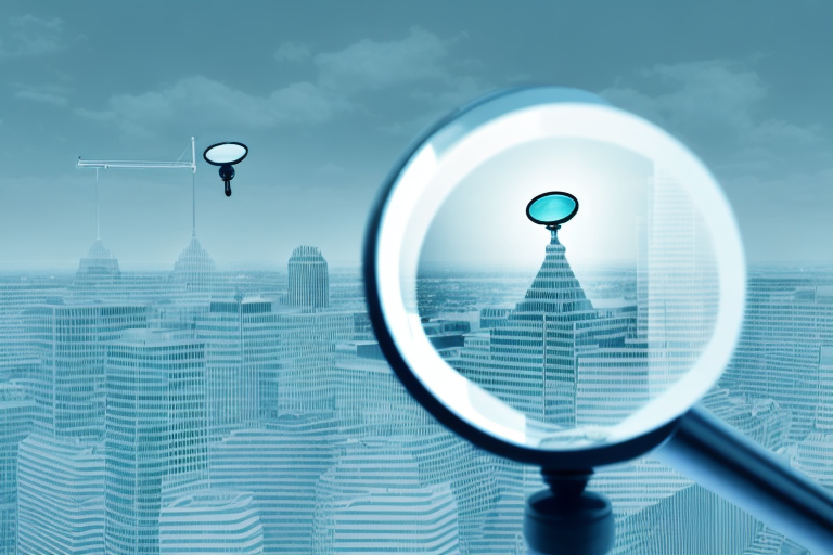 A magnifying glass hovering over a cityscape