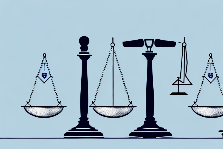 A balanced scale with a gavel on one side and a medical symbol (like a caduceus) on the other