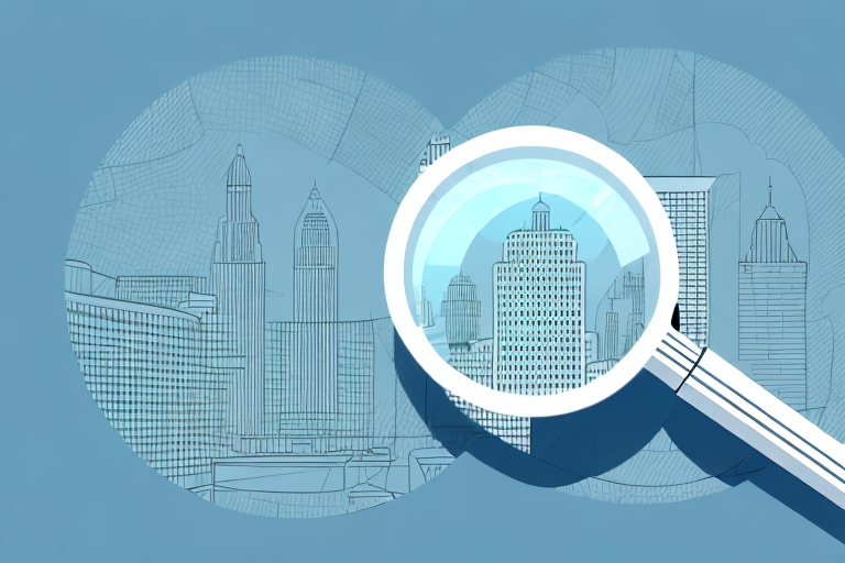 A magnifying glass hovering over a cityscape
