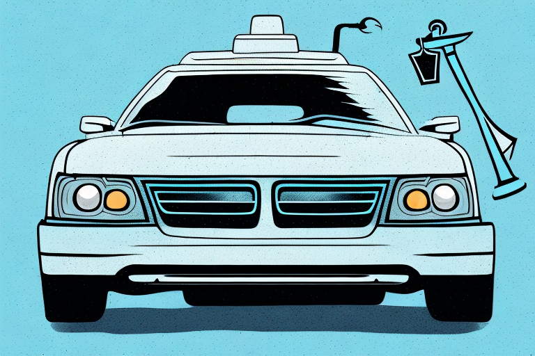 A broken uber car on a city street next to a scale of justice