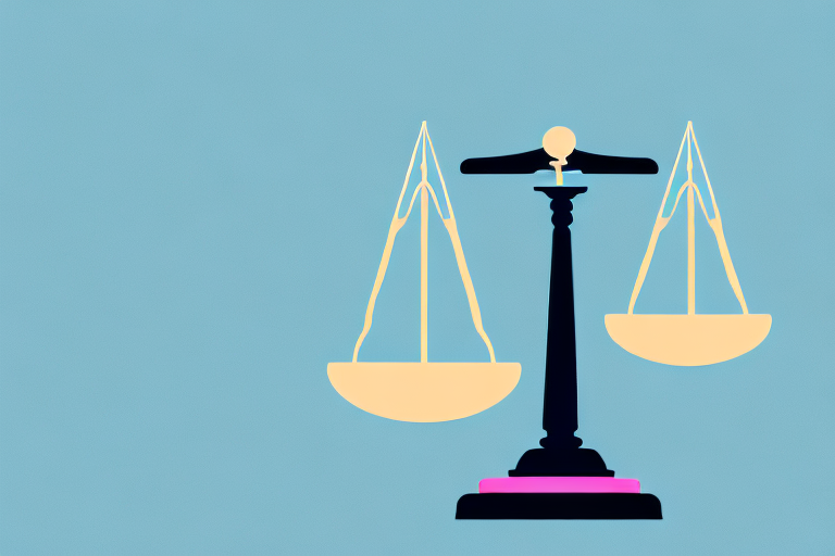 A balance scale where on one side there's a bandaged gavel and on the other side a location pin