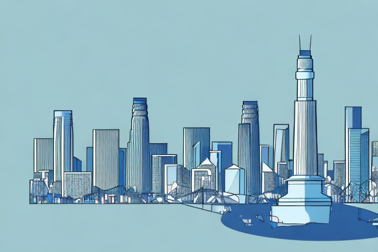 A balanced scale with the cityscape of los angeles in the background