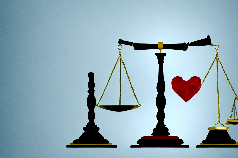 A balanced scale with a gavel on one side and a bandaged heart on the other
