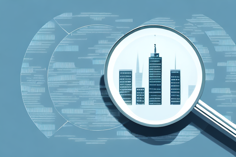 A magnifying glass hovering over a cityscape