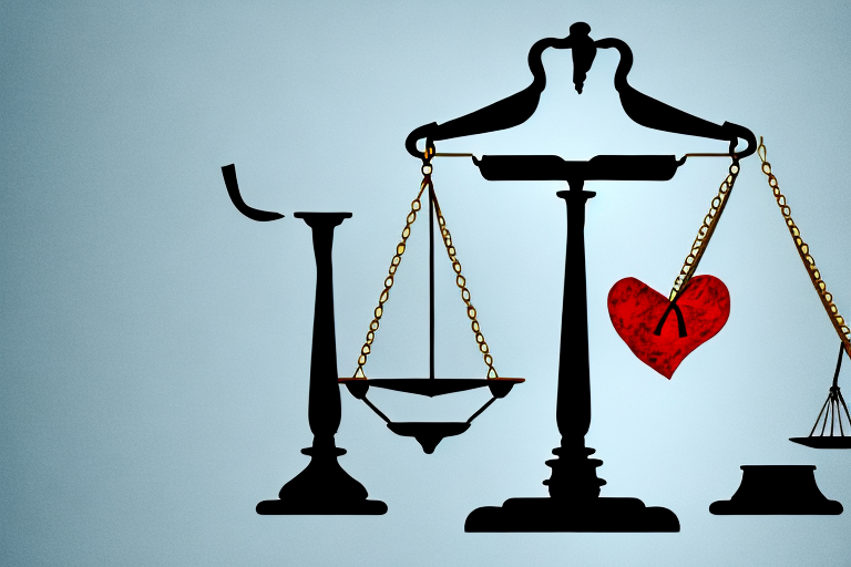 A balanced scale with a gavel on one side and a bandaged heart on the other