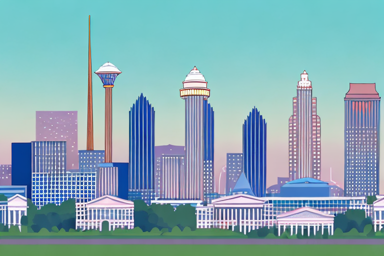 The atlanta skyline with a balance scale symbolizing justice placed prominently in the foreground