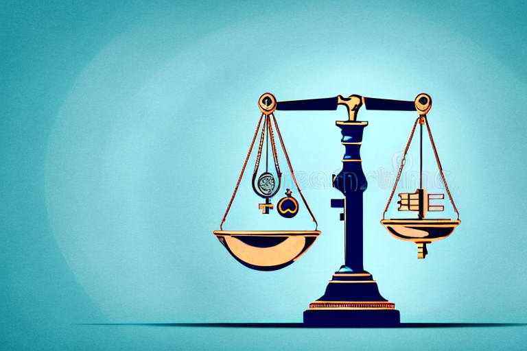 A symbolic key with a balance scale and gavel integrated into its design