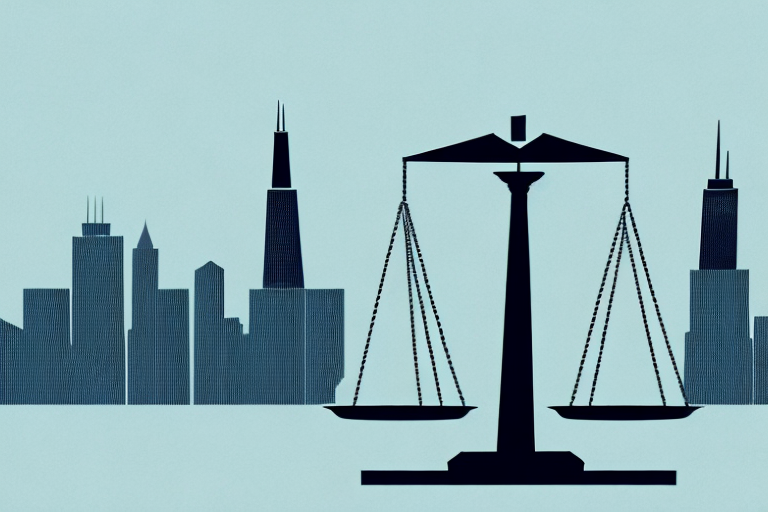 The chicago skyline with a balance scale symbolizing justice in the foreground