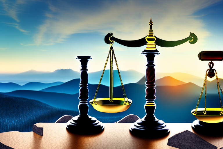 The scales of justice balanced on a rocky mountain peak