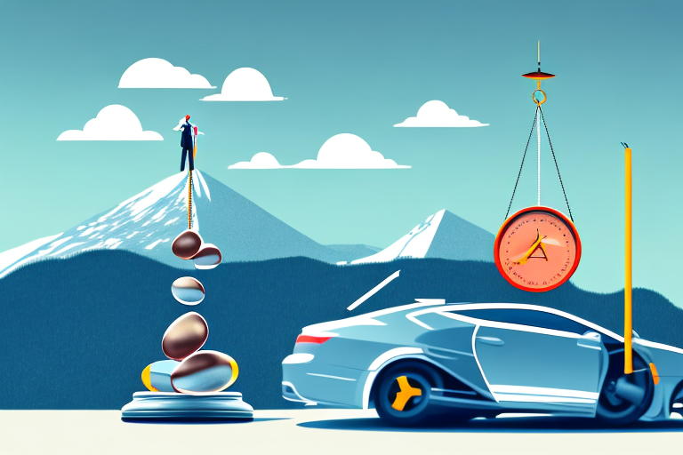 A car accident scene with a balance scale symbolizing justice in the foreground