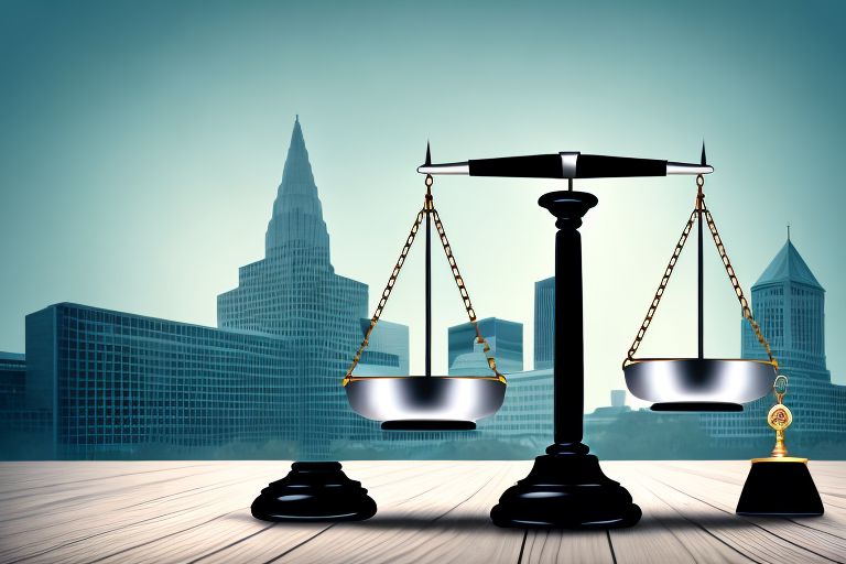 A symbolic balance scale with a gavel on one side and a broken car on the other