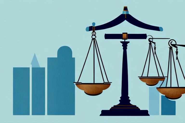 A balanced scale with a gavel on one side and a burbank cityscape on the other