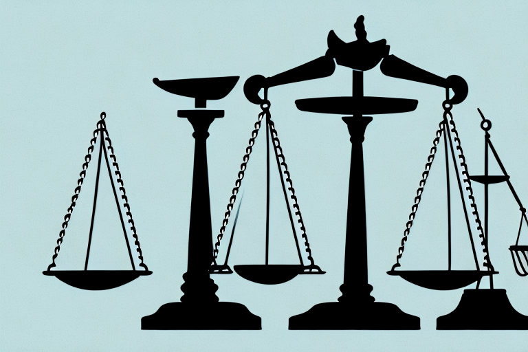 A balanced scale of justice on a desk with a gavel