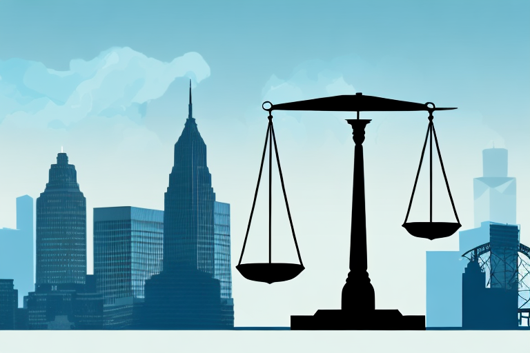 The jersey city skyline with a balance scale in the foreground