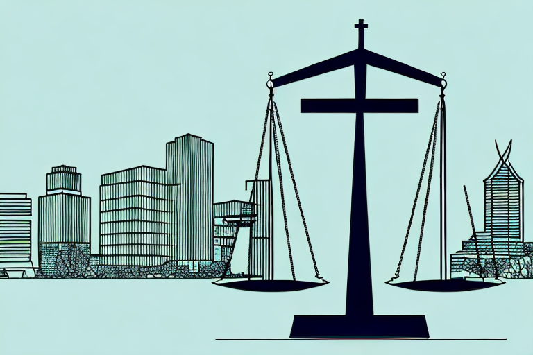 A balanced scale of justice in the foreground with the outline of greenville's cityscape in the background