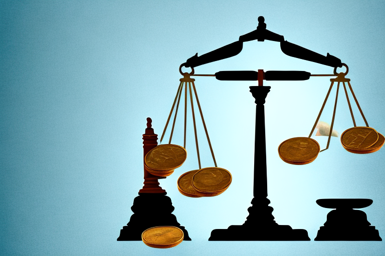 A balanced scale with a stack of coins on one side and a bandaged gavel on the other