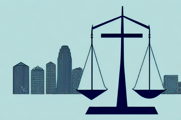 The baton rouge cityscape with a symbolic balance scale representing justice in the foreground