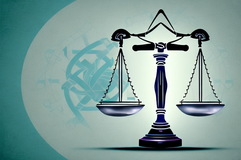 A balanced scale with a gavel on one side and a medical symbol (like a caduceus or rod of asclepius) on the other