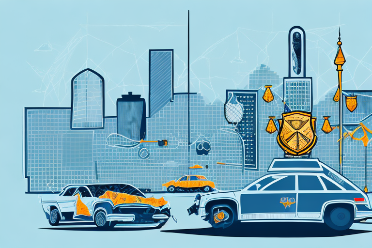 A car accident scene with a lawyer's scales of justice symbol overlaying the cityscape of bakersfield