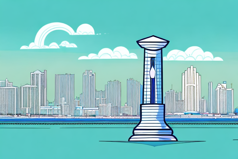 A balanced scale in the foreground with the iconic myrtle beach skyline in the background