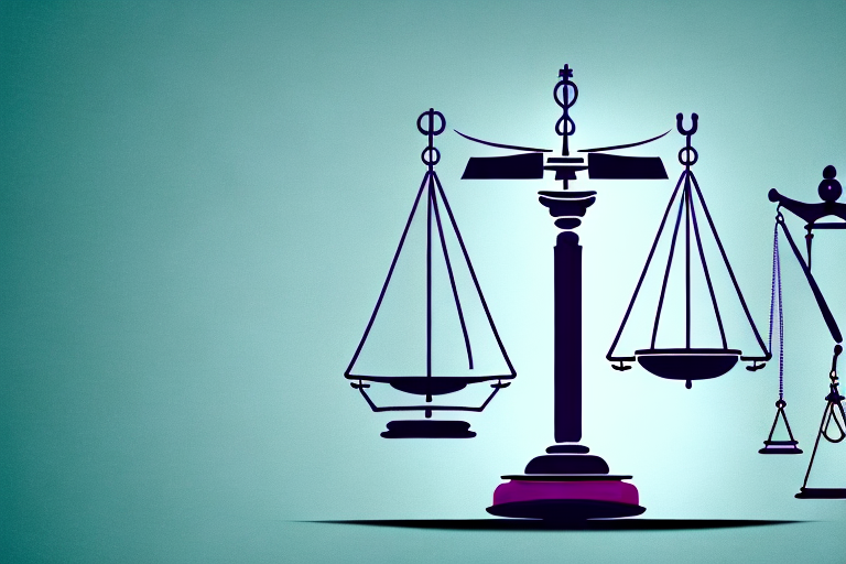 A balanced scale with a gavel on one side and a medical symbol (like a caduceus) on the other