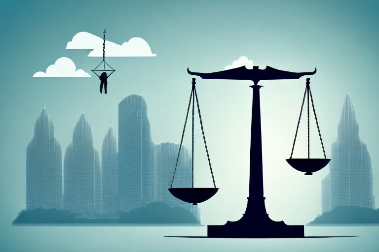 A balanced scale of justice in front of a stylized skyline of panama city