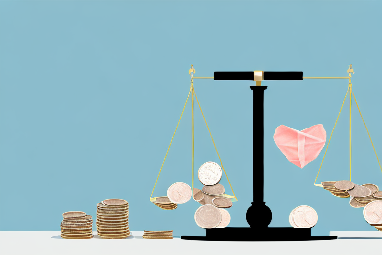A balance scale with a bandaged heart on one side and a stack of coins on the other to symbolize the weighing of personal injury and attorney fees