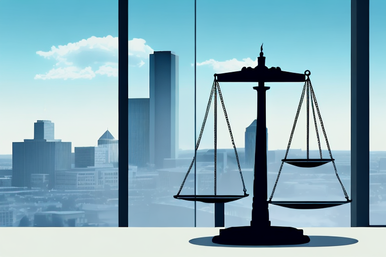 A balanced scale of justice placed prominently on a desk within a professional office setting