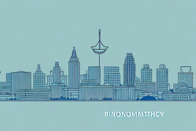 The richmond city skyline with a balanced scale symbolizing justice prominently featured in the foreground