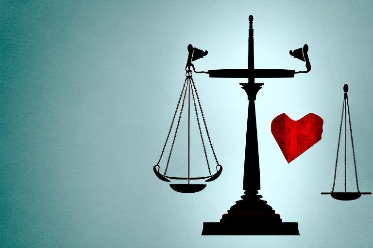 A balanced scale with a gavel and a bandaged heart on each side