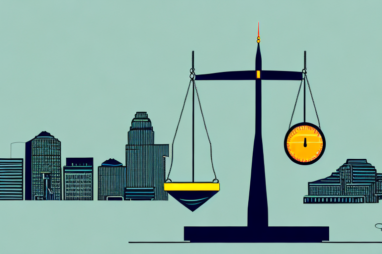 The spokane skyline with a balance scale symbolizing justice in the foreground