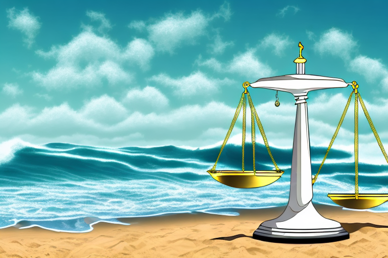 A scale of justice on a sandy beach with ocean waves in the background