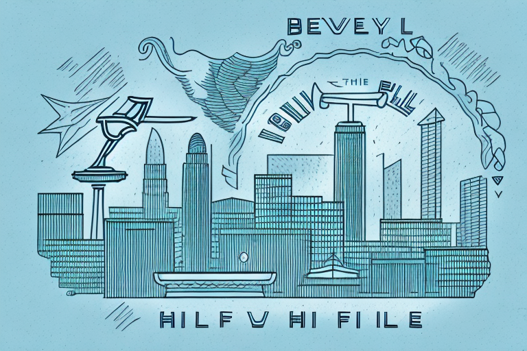The beverly hills skyline with a symbolic gavel and scales of justice embedded within it