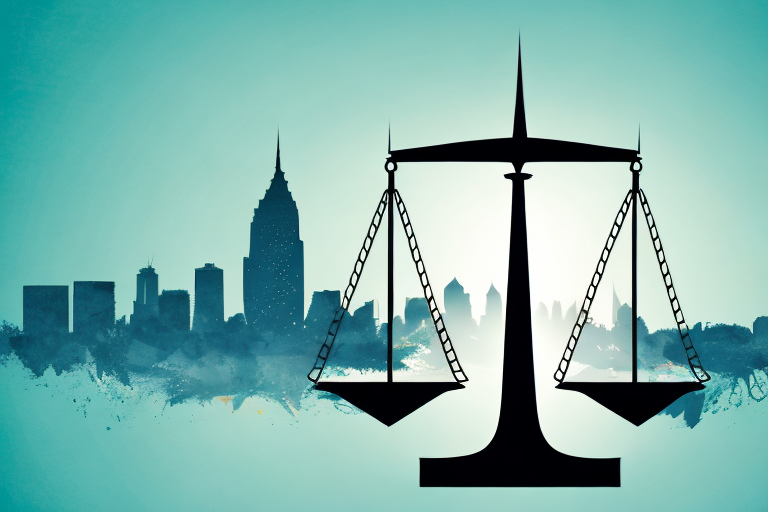The newport beach skyline with a balance scale symbolizing justice prominently featured in the foreground