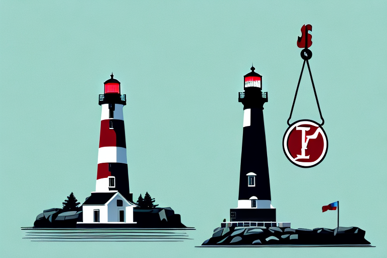 The iconic portland head light with a balanced scale symbolizing justice in the foreground