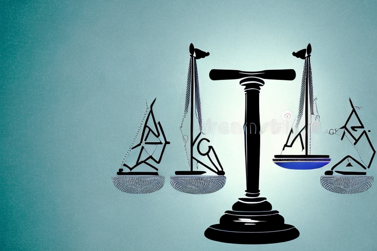 A balanced scale with a gavel on one side and a medical symbol (like a caduceus) on the other