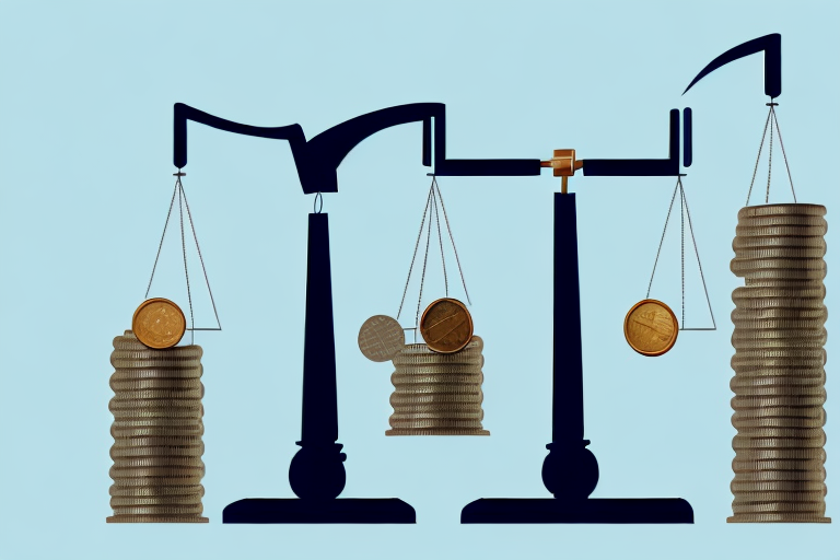 A balanced scale with a medical symbol on one side and a stack of coins on the other